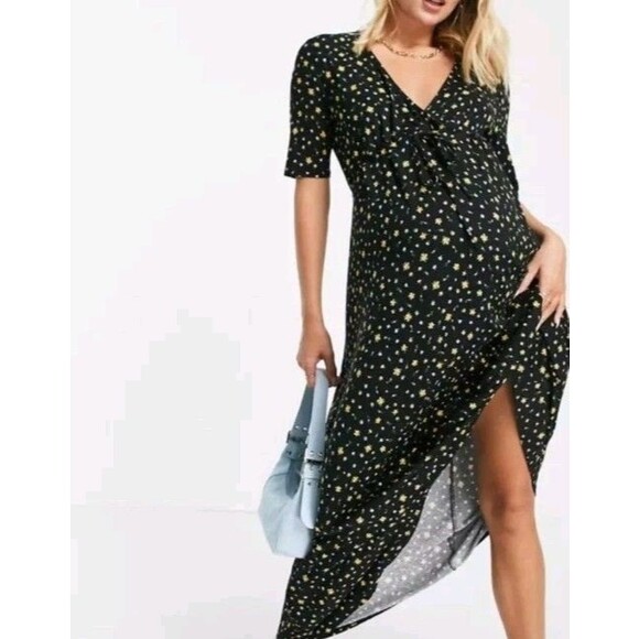 ASOS Maternity Dress Ditzy Floral Long V Tie Front 8 Black Yellow - Picture 2 of 16